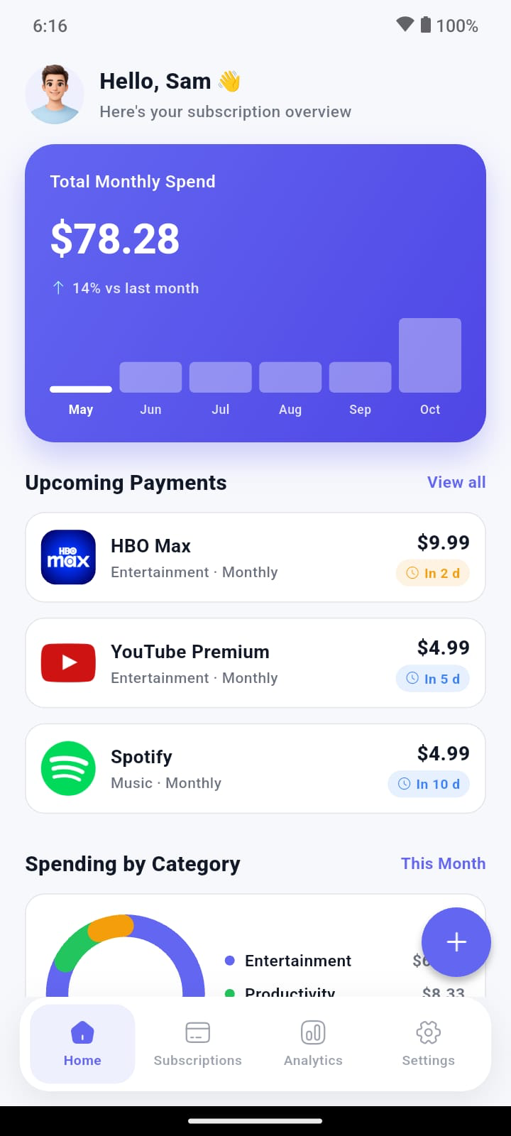 SubTrack home screen — total monthly spend, upcoming payments, and spending by category